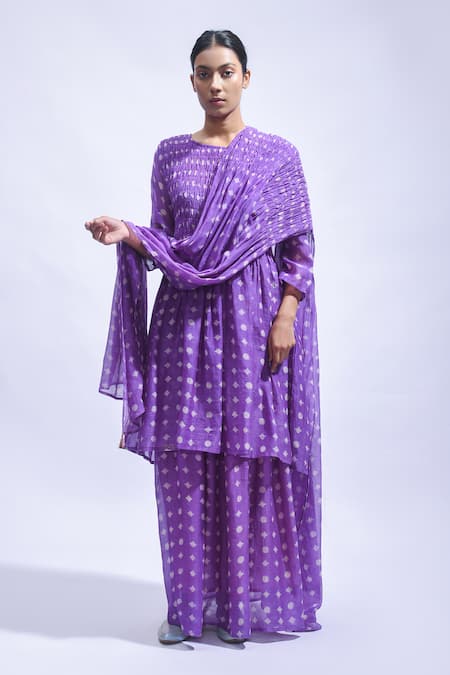 JAYATI GOENKA Violet Smocked Block Print Kurta Skirt Set 