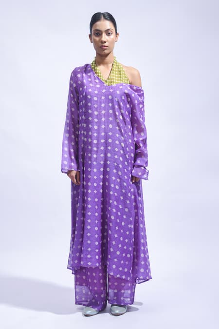 Buy_JAYATI GOENKA_Purple Chanderi Silk Embroidery, Zari V-, Halter Kurta And Pant Set 