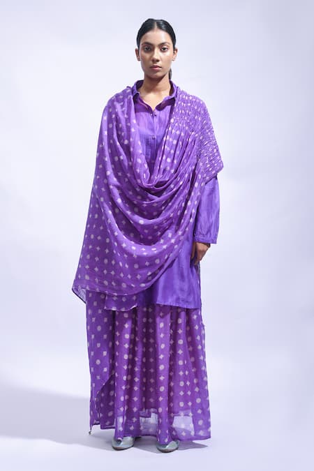 Shop_JAYATI GOENKA_Purple Chanderi Silk Tassels Collared Violet Printed Skirt Set _Online_at_Aza_Fashions