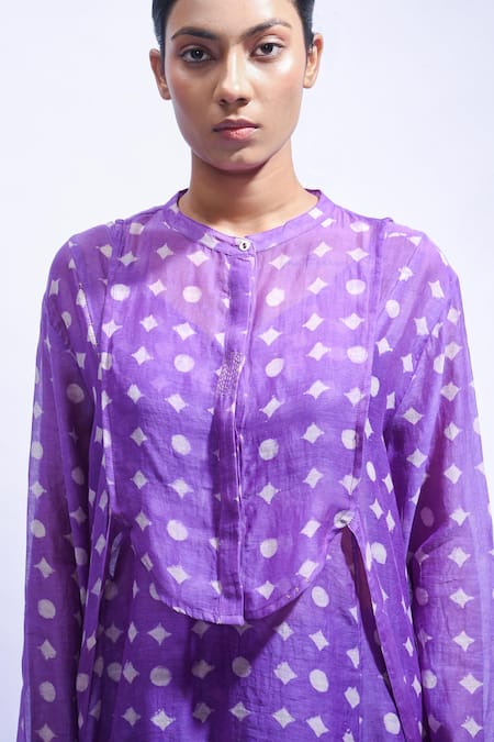 JAYATI GOENKA_Purple Chanderi Silk Mandarin Collar Printed Kurta And Pant Set _Online_at_Aza_Fashions