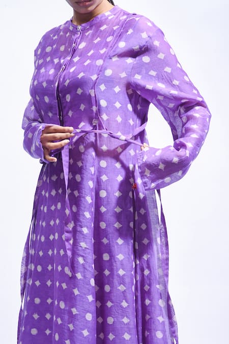 Shop_JAYATI GOENKA_Purple Chanderi Silk Mandarin Collar Printed Kurta And Pant Set 
