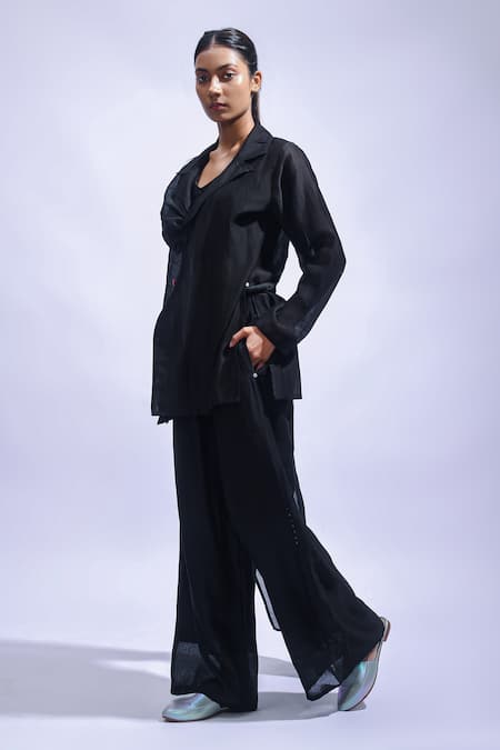 JAYATI GOENKA_Black Chanderi Silk Embroidery V-neck Diy Blazer Set _Online_at_Aza_Fashions