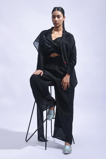 Buy_JAYATI GOENKA_Black Chanderi Silk Embroidery V-neck Diy Blazer Set _Online_at_Aza_Fashions