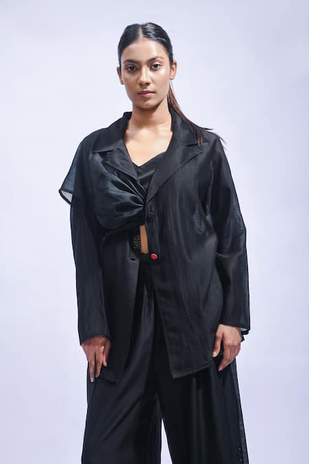 JAYATI GOENKA_Black Chanderi Silk Embroidery V-neck Diy Blazer Set _at_Aza_Fashions