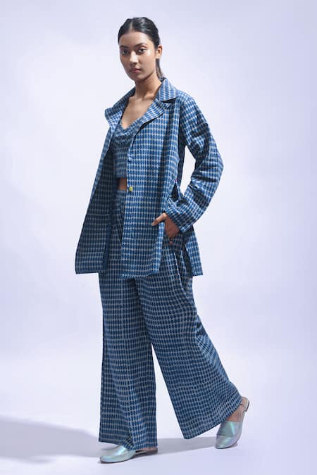 Shop_JAYATI GOENKA_Blue Cotton Metallic Thread, Embroidery Block Printed Chambray Blazer Set _Online_at_Aza_Fashions