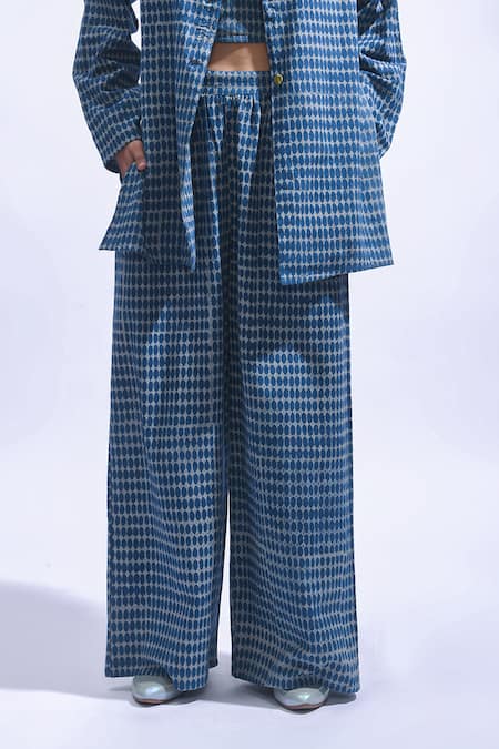 Shop_JAYATI GOENKA_Blue Cotton Metallic Thread, Embroidery Block Printed Chambray Blazer Set 