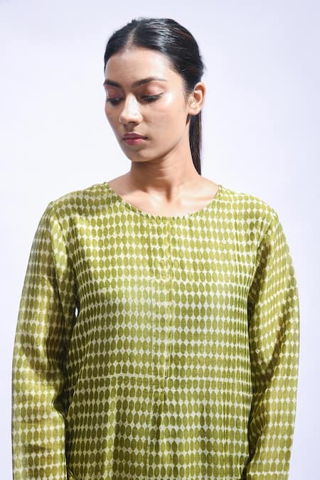 Buy_JAYATI GOENKA_Green Chanderi Silk Embroidery Round Neck Block Printed Kurta And Pant Set 