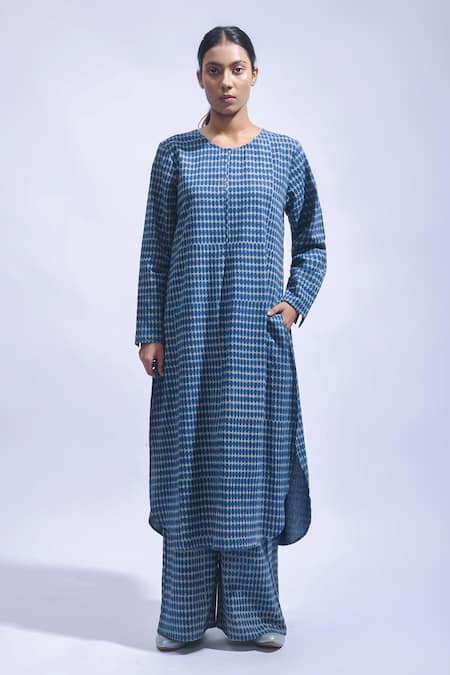 JAYATI GOENKA Indigo Block Printed Chambray Kurta & Pant Set 