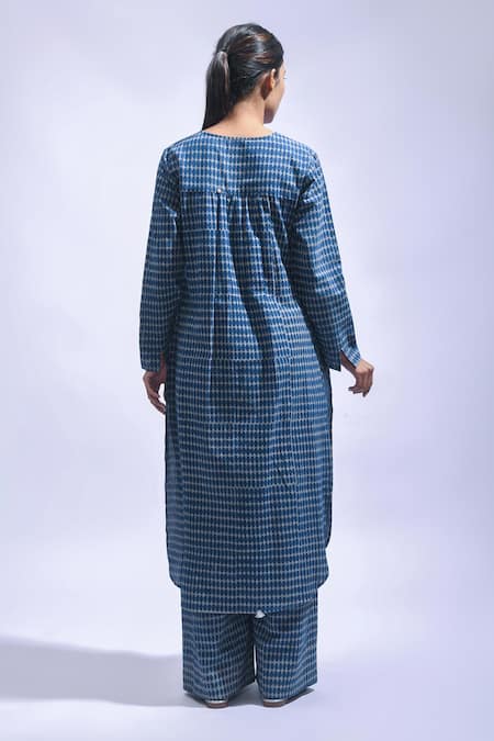 JAYATI GOENKA Indigo Block Printed Chambray Kurta & Pant Set 