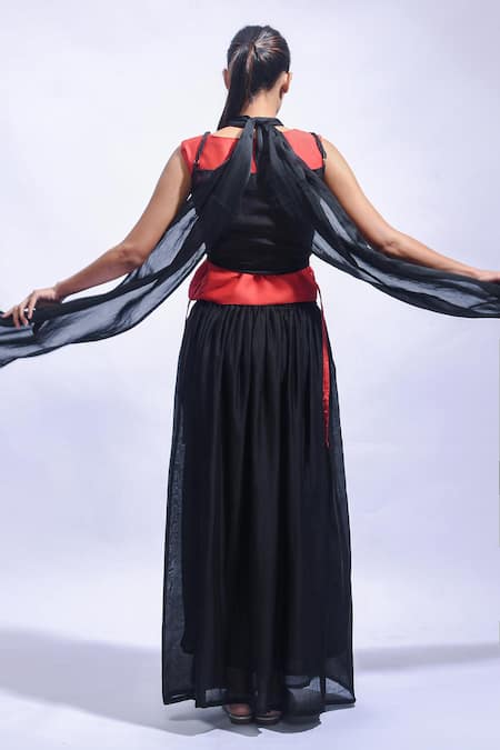 JAYATI GOENKA Red & Black Silk Wrap Top & Skirt Set 