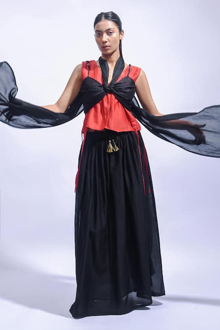 JAYATI GOENKA_Red Chanderi Silk Tassels V-neck And Black Wrap Top & Skirt Set _Online_at_Aza_Fashions