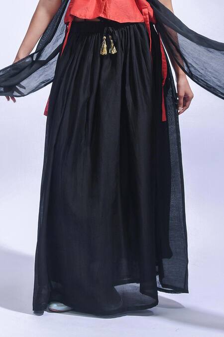 Shop_JAYATI GOENKA_Red Chanderi Silk Tassels V-neck And Black Wrap Top & Skirt Set _Online_at_Aza_Fashions