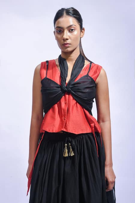 JAYATI GOENKA_Red Chanderi Silk Tassels V-neck And Black Wrap Top & Skirt Set _at_Aza_Fashions