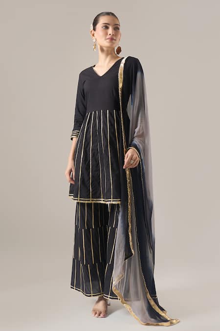 Shop Naintara Bajaj Black Cotton Gota Patti V-neck Work Peplum Kurta And Tiered Sharara Set Online at Aza Fashions Shop_Naintara Bajaj_Black Cotton Gota Patti V-neck Work Peplum Kurta And Tiered Sharara Set _Online_at_Aza_Fashions