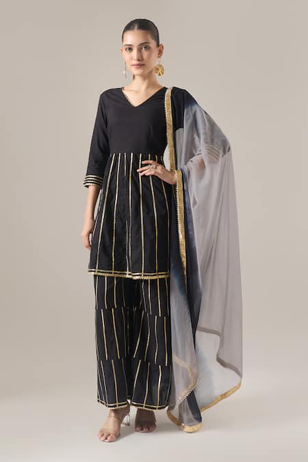 Naintara Bajaj Black Cotton Gota Patti V-neck Work Peplum Kurta And Tiered Sharara Set