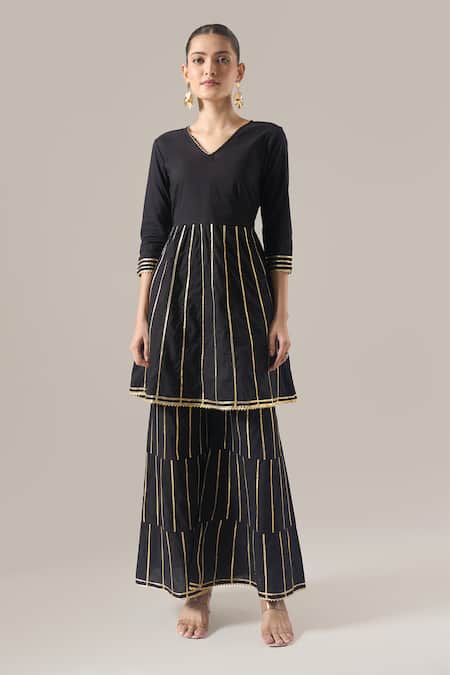 Naintara Bajaj Black Cotton Gota Patti V-neck Work Peplum Kurta And Tiered Sharara Set at Aza Fashions Naintara Bajaj_Black Cotton Gota Patti V-neck Work Peplum Kurta And Tiered Sharara Set _at_Aza_Fashions