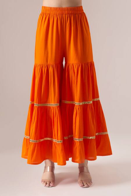 Naintara Bajaj Orange Cotton Gota Patti V-neck Work Kurta Sharara Set Online at Aza Fashions Naintara Bajaj_Orange Cotton Gota Patti V-neck Work Kurta Sharara Set _Online_at_Aza_Fashions