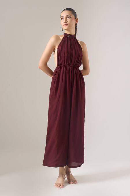 Buy_Naintara Bajaj_Brown Georgette Studs Halter Neck Solid Sleeveless Jumpsuit _Online_at_Aza_Fashions