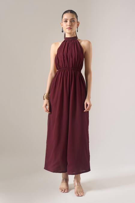 Shop_Naintara Bajaj_Brown Georgette Studs Halter Neck Solid Sleeveless Jumpsuit _Online_at_Aza_Fashions