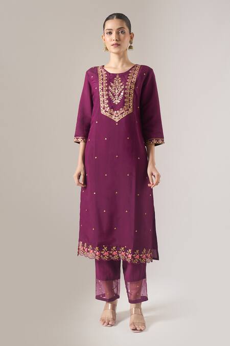 Shop Naintara Bajaj Purple Silk Embroidery, Sequins Round Neck Kurta Set With Dupatta Online at Aza Fashions Shop_Naintara Bajaj_Purple Silk Embroidery, Sequins Round Neck Kurta Set With Dupatta _Online_at_Aza_Fashions