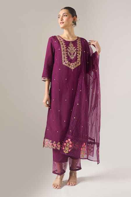 Naintara Bajaj Purple Silk Embroidery, Sequins Round Neck Kurta Set With Dupatta