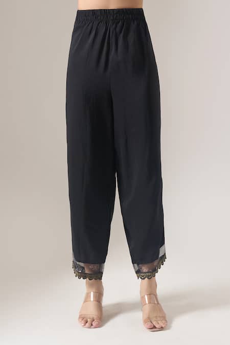 Naintara Bajaj Black Cotton, Net, Organza Embroidery, Lace, Piping Round Neck Kurta Set Online at Aza Fashions Naintara Bajaj_Black Cotton, Net, Organza Embroidery, Lace, Piping Round Neck Kurta Set _Online_at_Aza_Fashions