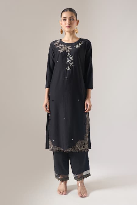 Buy Naintara Bajaj Black Cotton, Net, Organza Embroidery, Lace, Piping Round Neck Kurta Set Online at Aza Fashions Buy_Naintara Bajaj_Black Cotton, Net, Organza Embroidery, Lace, Piping Round Neck Kurta Set _Online_at_Aza_Fashions