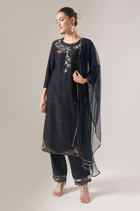 Buy Naintara Bajaj Black Cotton, Net, Organza Embroidery, Lace, Piping Round Neck Kurta Set Buy_Naintara Bajaj_Black Cotton, Net, Organza Embroidery, Lace, Piping Round Neck Kurta Set