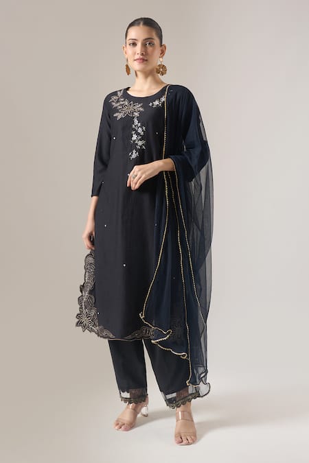 Naintara Bajaj Black Cotton, Net, Organza Embroidery, Lace, Piping Round Neck Kurta Set