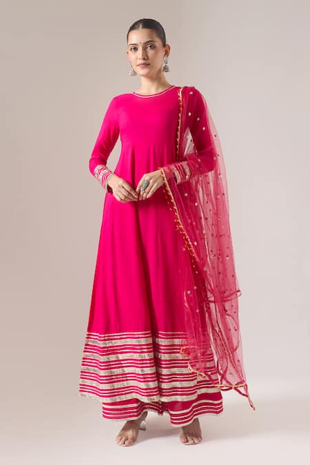 Naintara Bajaj Pink Cotton, Net Gota Patti, Sequins Boat Neck Gotapatti Work Anarkali Set
