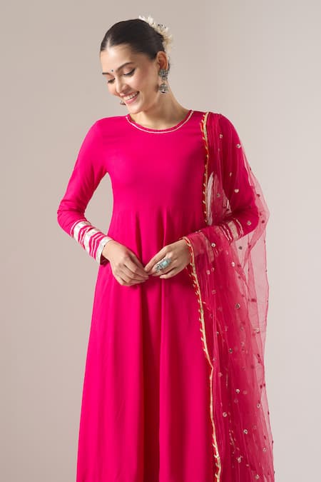 Shop Naintara Bajaj Pink Cotton, Net Gota Patti, Sequins Boat Neck Gotapatti Work Anarkali Set Online at Aza Fashions Shop_Naintara Bajaj_Pink Cotton, Net Gota Patti, Sequins Boat Neck Gotapatti Work Anarkali Set _Online_at_Aza_Fashions