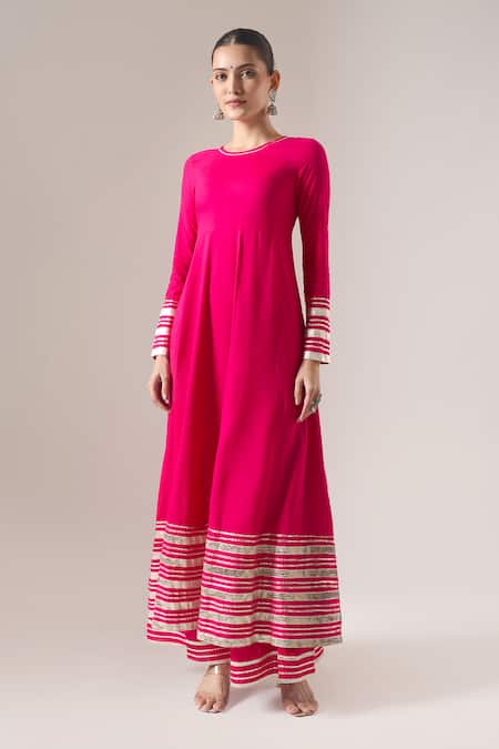 Naintara Bajaj Pink Cotton, Net Gota Patti, Sequins Boat Neck Gotapatti Work Anarkali Set at Aza Fashions Naintara Bajaj_Pink Cotton, Net Gota Patti, Sequins Boat Neck Gotapatti Work Anarkali Set _at_Aza_Fashions