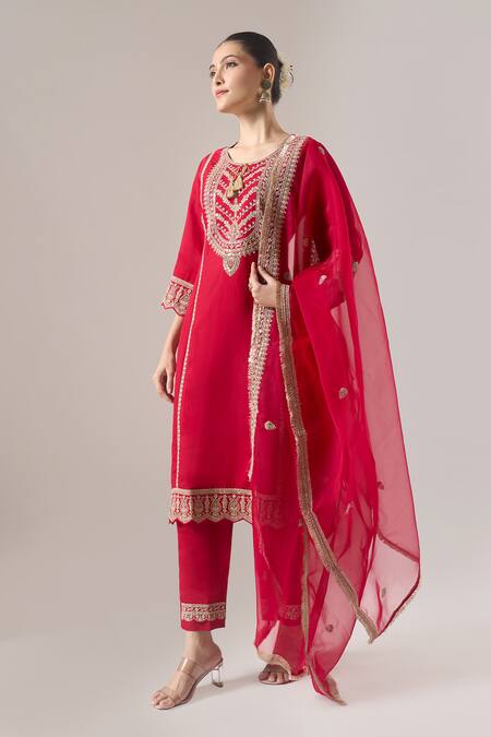 Shop Naintara Bajaj Red Silk, Organza, Net Embroidery, Tassels, And Thread Kurta Pant Dupatta Set Online at Aza Fashions Shop_Naintara Bajaj_Red Silk, Organza, Net Embroidery, Tassels, And Thread Kurta Pant Dupatta Set _Online_at_Aza_Fashions
