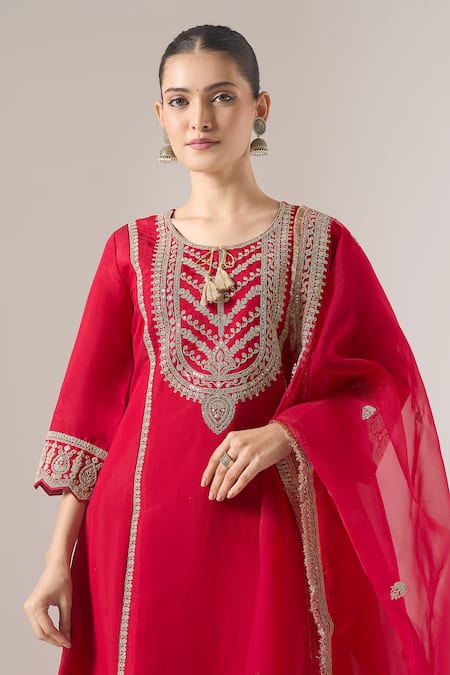 Naintara Bajaj Red Silk, Organza, Net Embroidery, Tassels, And Thread Kurta Pant Dupatta Set at Aza Fashions Naintara Bajaj_Red Silk, Organza, Net Embroidery, Tassels, And Thread Kurta Pant Dupatta Set _at_Aza_Fashions