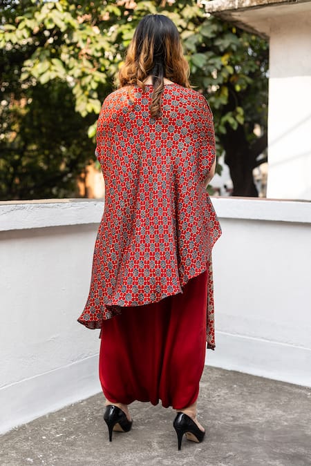 Prahnaaya Ajrakh Hand-Blocked Asymmetric Tunic With Dhoti Skirt 