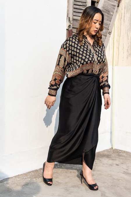 Prahnaaya_Black Satin, Modal Collared Ajrakh Hand-block Printed Shirt And Wrap Skirt Set _Online_at_Aza_Fashions