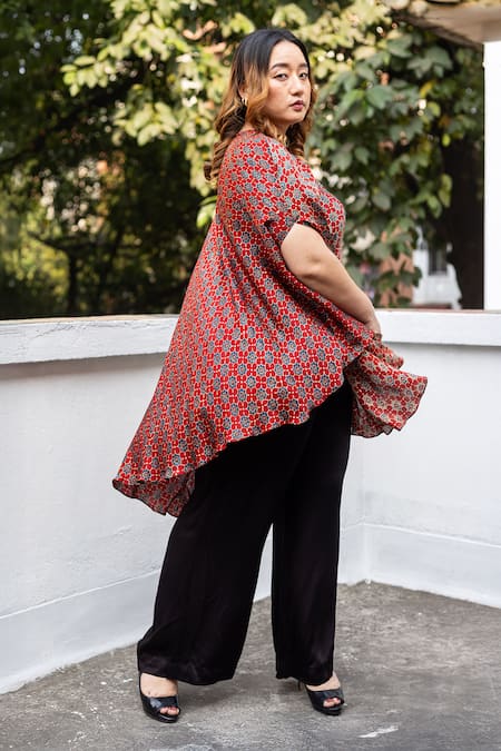 Prahnaaya_Red Satin, Modal Round Ajrakh Hand-block Printed Asymmetric Tunic And Pant Set _Online_at_Aza_Fashions