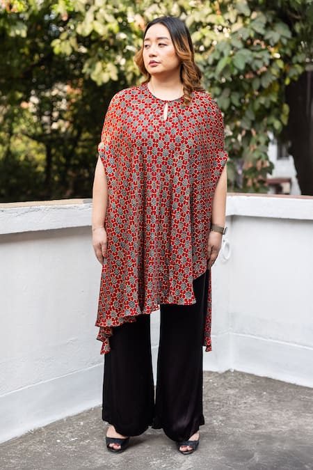 Buy_Prahnaaya_Red Satin, Modal Round Ajrakh Hand-block Printed Asymmetric Tunic And Pant Set _Online_at_Aza_Fashions