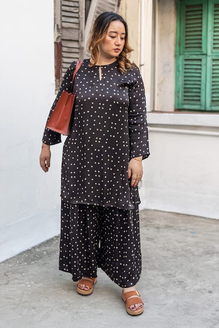 Prahnaaya_Black Satin, Modal Keyhole Neck Ajrakh Bandhej Print Tunic And Dhoti Skirt Set _Online_at_Aza_Fashions