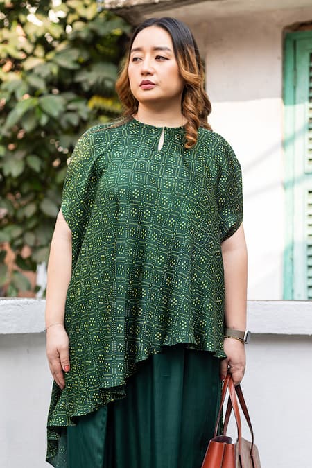 Prahnaaya_Green Satin, Modal High Neck, Ajrakh Hand-block Printed Tunic And Dhoti Skirt Set _Online_at_Aza_Fashions