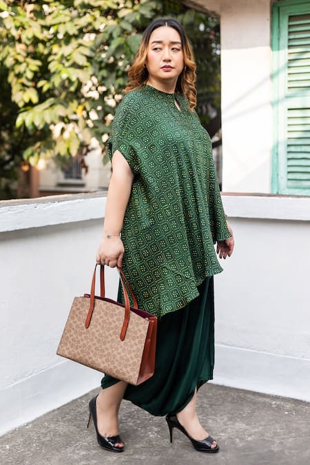 Buy_Prahnaaya_Green Satin, Modal High Neck, Ajrakh Hand-block Printed Tunic And Dhoti Skirt Set _Online_at_Aza_Fashions