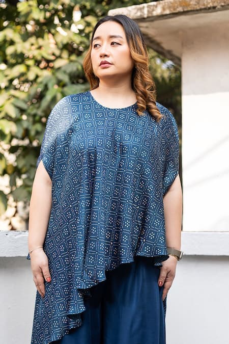 Buy_Prahnaaya_Blue Satin, Modal Round Neck Ajrakh Hand-block Printed Tunic And Parallel Pant Set _Online_at_Aza_Fashions