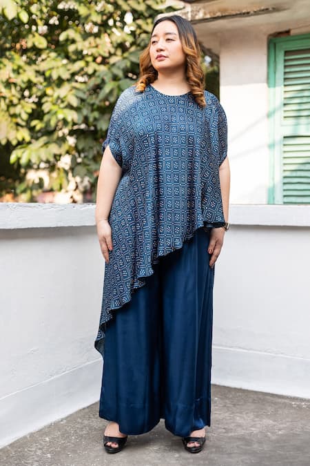 Shop_Prahnaaya_Blue Satin, Modal Round Neck Ajrakh Hand-block Printed Tunic And Parallel Pant Set _Online_at_Aza_Fashions