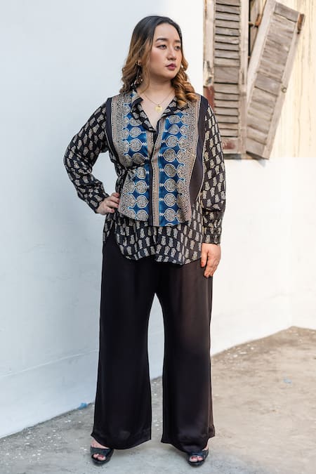 Shop_Prahnaaya_Black Satin, Modal Collared, V-neck Ajrakh Hand-block Print Shirt And Pant Set _Online_at_Aza_Fashions