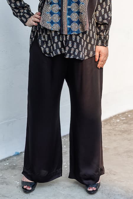 Prahnaaya_Black Satin, Modal Collared, V-neck Ajrakh Hand-block Print Shirt And Pant Set _at_Aza_Fashions