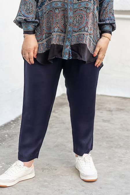 Prahnaaya_Blue Satin, Modal Collared, V-neck Ajrakh Hand-block Print Shirt And Slim Pant Set _Online_at_Aza_Fashions