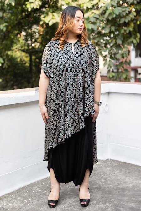 Prahnaaya Ajrakh Hand-Blocked Asymmetric Tunic & Dhoti Skirt Set 
