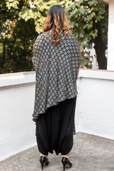 Prahnaaya_Black Satin, Modal Round Ajrakh Hand-blocked Asymmetric Tunic And Dhoti Skirt Set _Online_at_Aza_Fashions