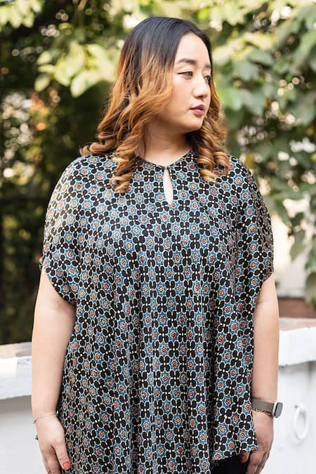 Buy_Prahnaaya_Black Satin, Modal Round Ajrakh Hand-blocked Asymmetric Tunic And Dhoti Skirt Set _Online_at_Aza_Fashions