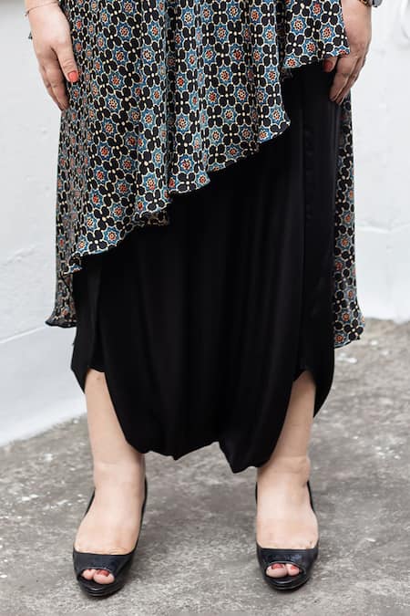 Shop_Prahnaaya_Black Satin, Modal Round Ajrakh Hand-blocked Asymmetric Tunic And Dhoti Skirt Set _Online_at_Aza_Fashions